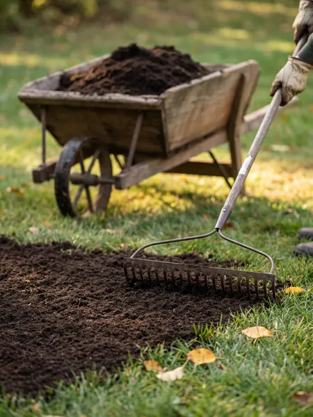 Compost top-dressing Compost calculator: compost raked into a lawn as top-dressing