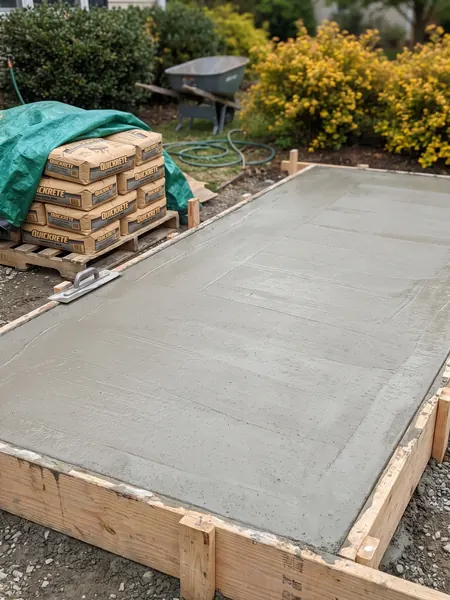 Pouring a concrete slab Concrete calculator: freshly poured concrete patio slab in wooden forms