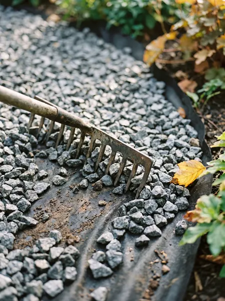 Crushed stone Crushed stone calculator: angular crushed stone raked over landscape fabric