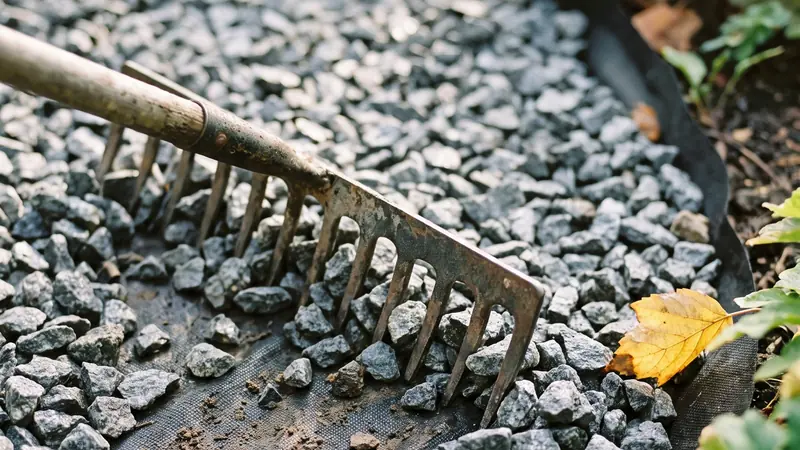 Crushed stone calculator: angular crushed stone raked over landscape fabric