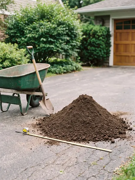 Cubic yard calculator: pile of landscape soil with a wheelbarrow