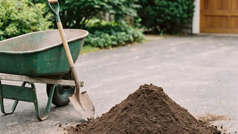 Cubic yard calculator: pile of landscape soil with a wheelbarrow