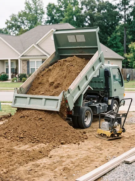 Fill dirt Fill dirt calculator: dump truck unloading fill dirt on a building site
