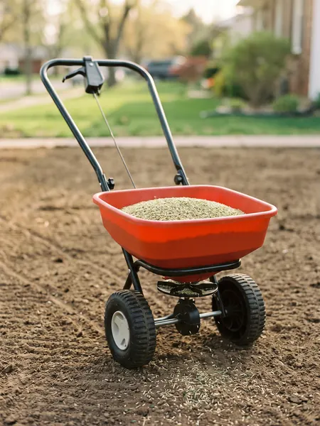 Seeding a lawn Grass seed calculator: broadcast spreader full of seed on prepared soil