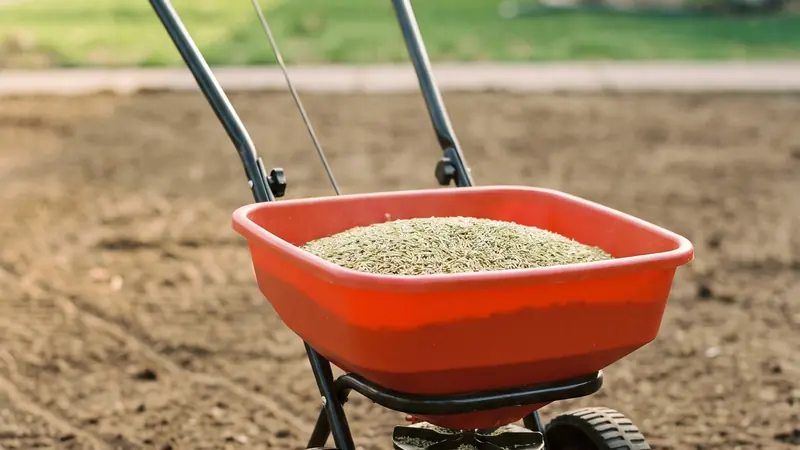 Grass seed calculator: broadcast spreader full of seed on prepared soil