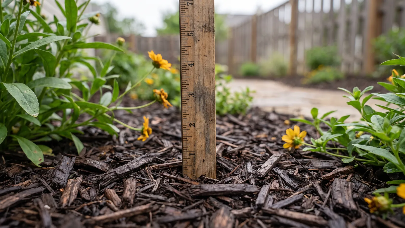 How deep should mulch be: ruler showing 3 inches of mulch in a garden bed