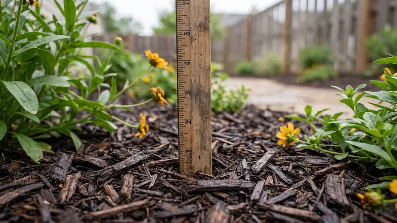 How deep should mulch be: ruler showing 3 inches of mulch in a garden bed