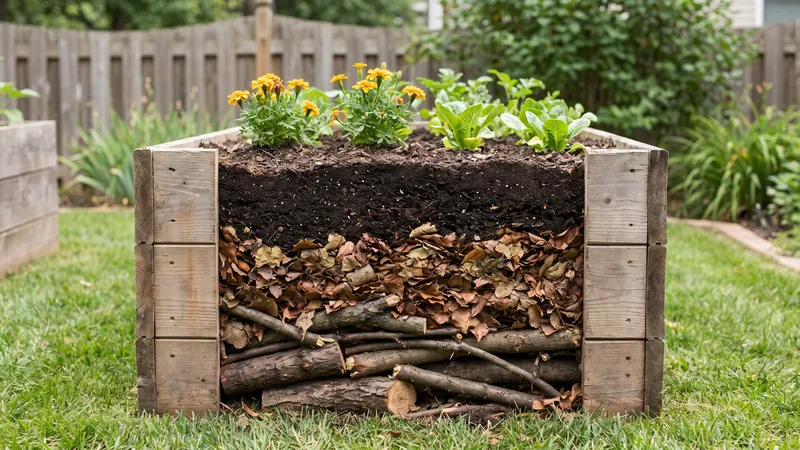 How to fill a raised bed: layers of logs, leaves and soil in a deep raised bed