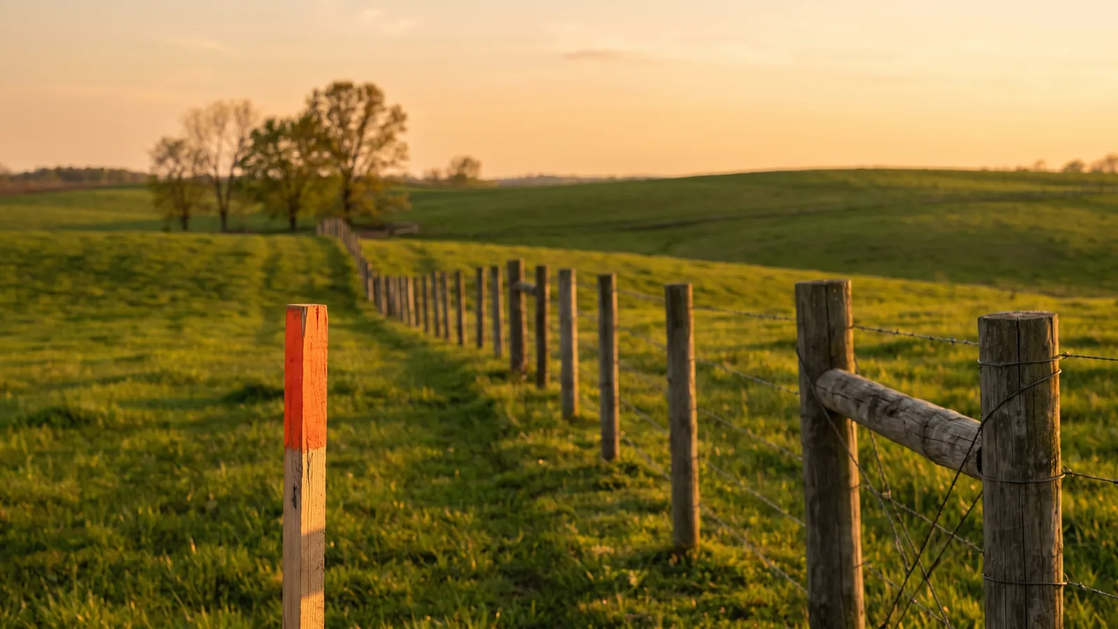 Measuring rural land Land and acreage calculators: rolling rural parcel with a fence line and survey stake