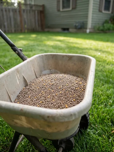 Lawn fertilizer Lawn fertilizer calculator: granular fertilizer in a spreader on a lawn
