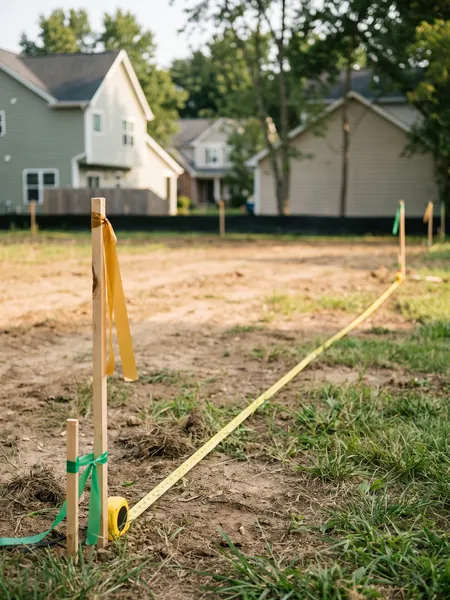 Measuring a lot Lot size to acres calculator: building lot with survey stakes and a tape measure