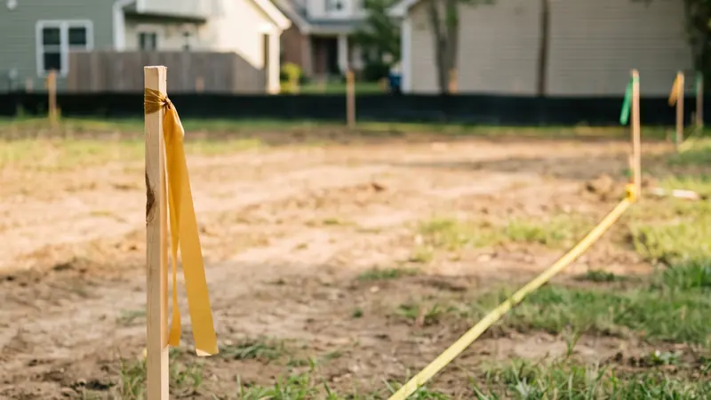 Lot size to acres calculator: building lot with survey stakes and a tape measure
