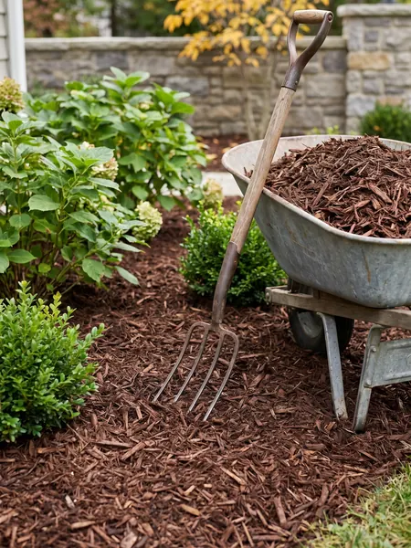 Mulching a flower bed Mulch calculator: fresh brown mulch spread around shrubs