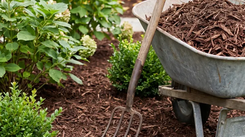 Mulch calculator: fresh brown mulch spread around shrubs