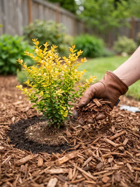How deep should mulch be around shrubs: mulch kept away from the stem