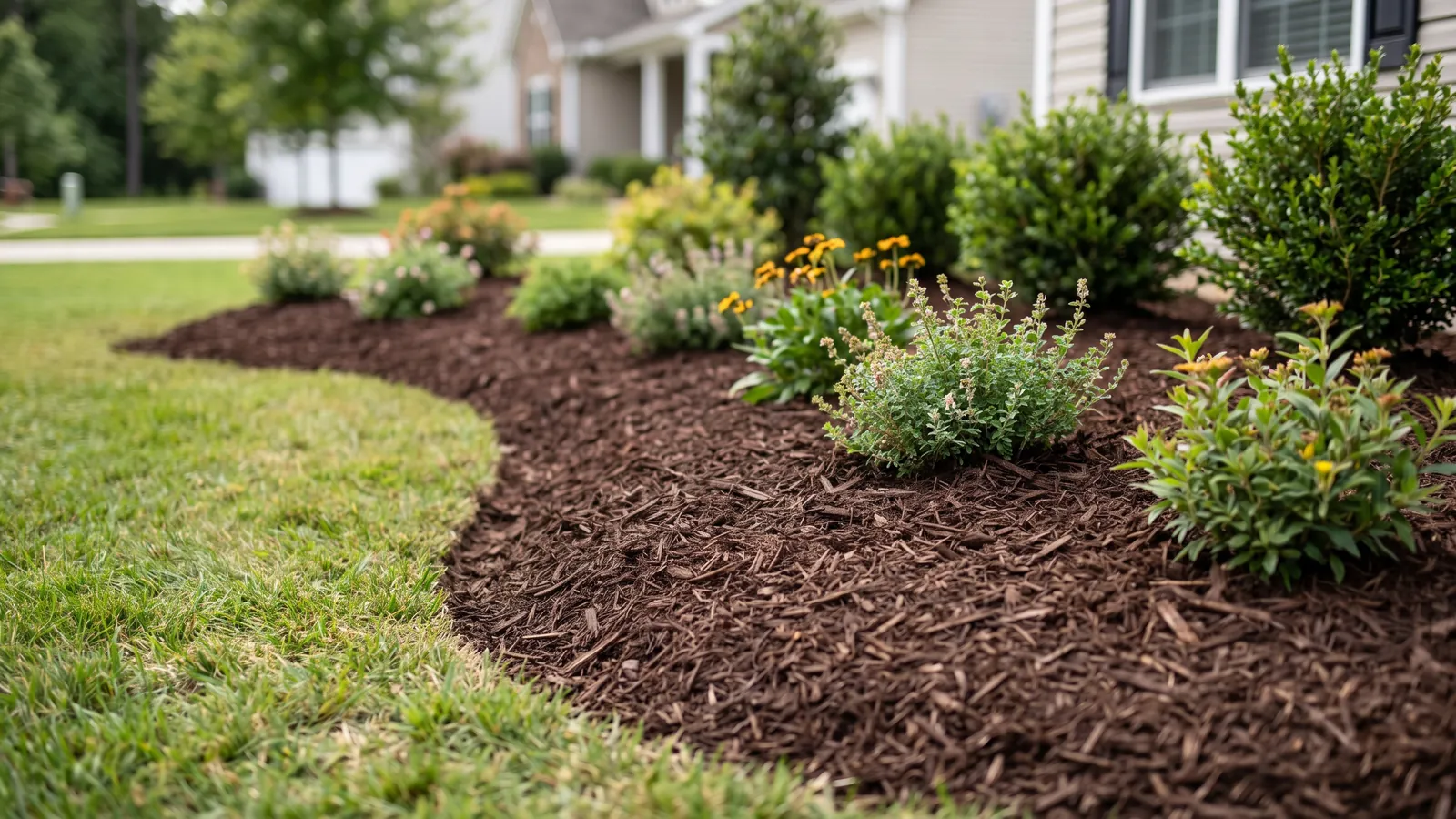 Mulched garden beds Mulch calculators: freshly mulched garden bed next to a lawn