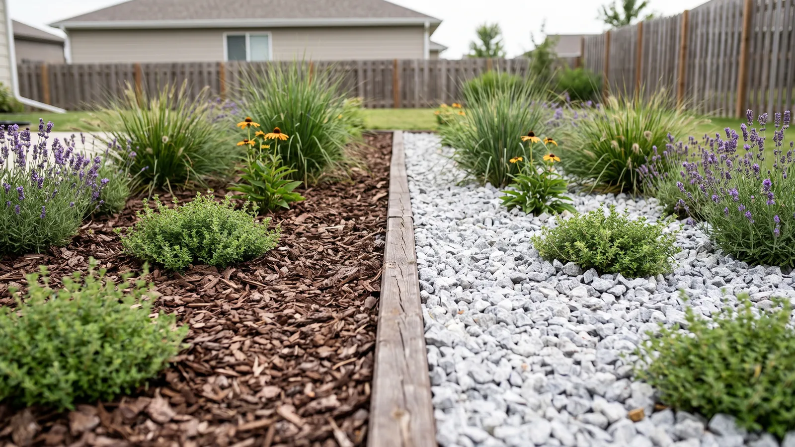 Mulch vs rock Mulch vs rock: garden bed with bark mulch on one side and rock on the other