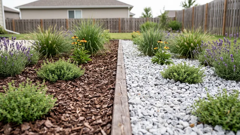 Mulch vs rock: garden bed with bark mulch on one side and rock on the other
