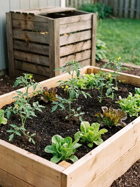A planted raised bed How to fill a raised bed: planted raised bed with tomatoes and lettuce
