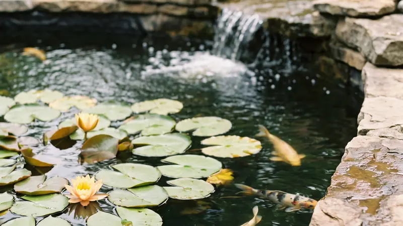 Pond volume calculator: garden pond with water lilies and a waterfall