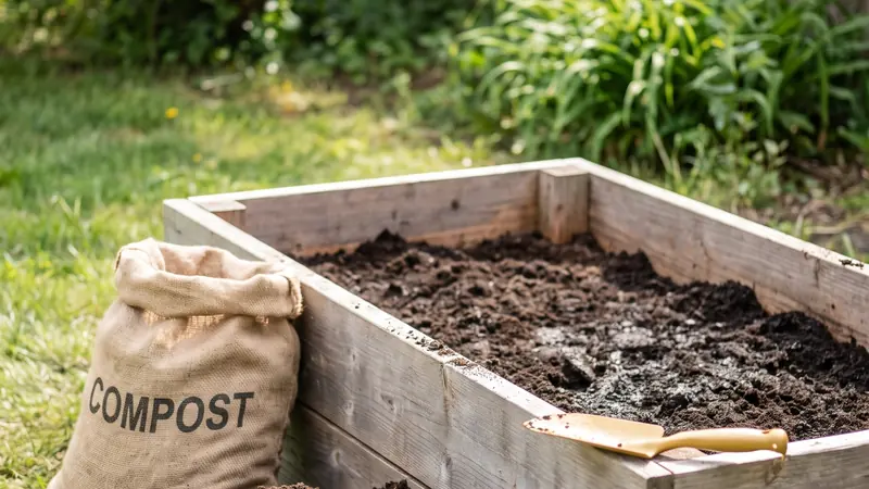 Raised bed soil calculator: raised bed being filled with topsoil and compost