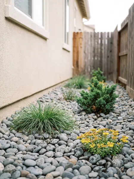 Rock bed in a side yard Mulch vs rock: side-yard bed covered in river rock