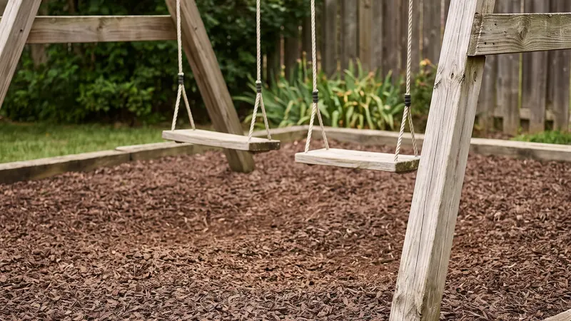 Rubber mulch calculator: playground swing set over shredded rubber mulch