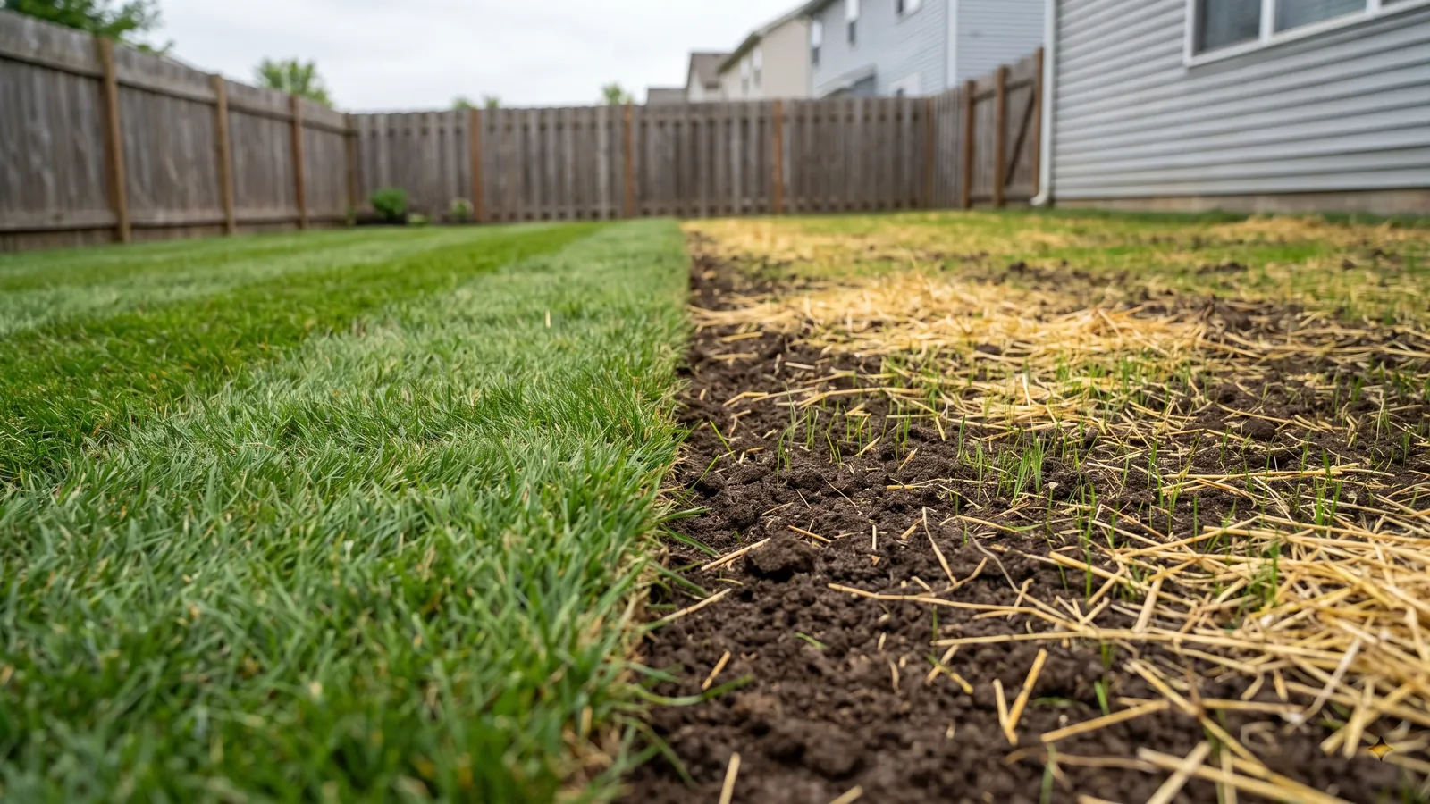 Sod vs seed: lawn half laid with sod and half seeded