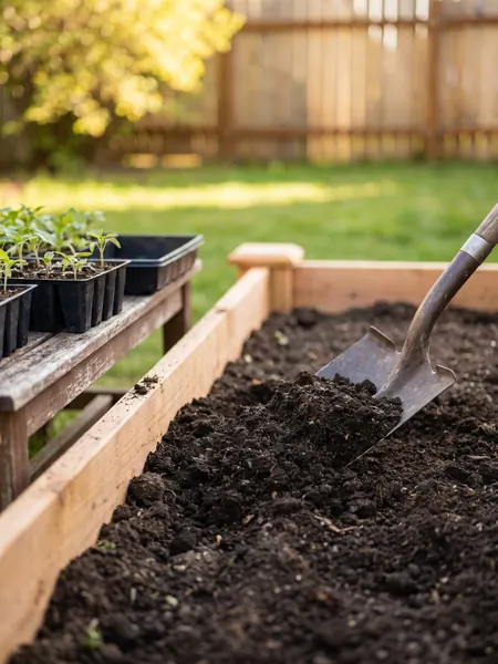 Filling a garden bed Soil calculator: garden soil shoveled into a new garden bed