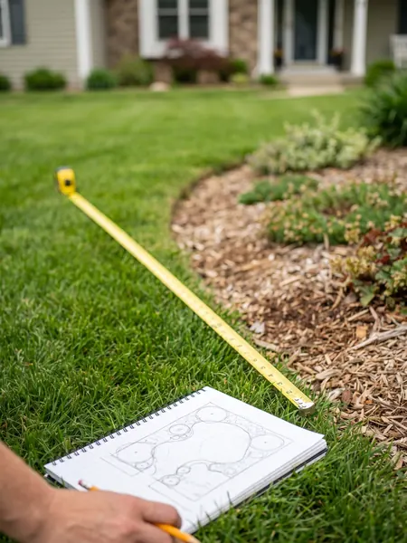 Measuring a yard Square footage calculator: tape measure across a lawn to measure the square feet of a yard