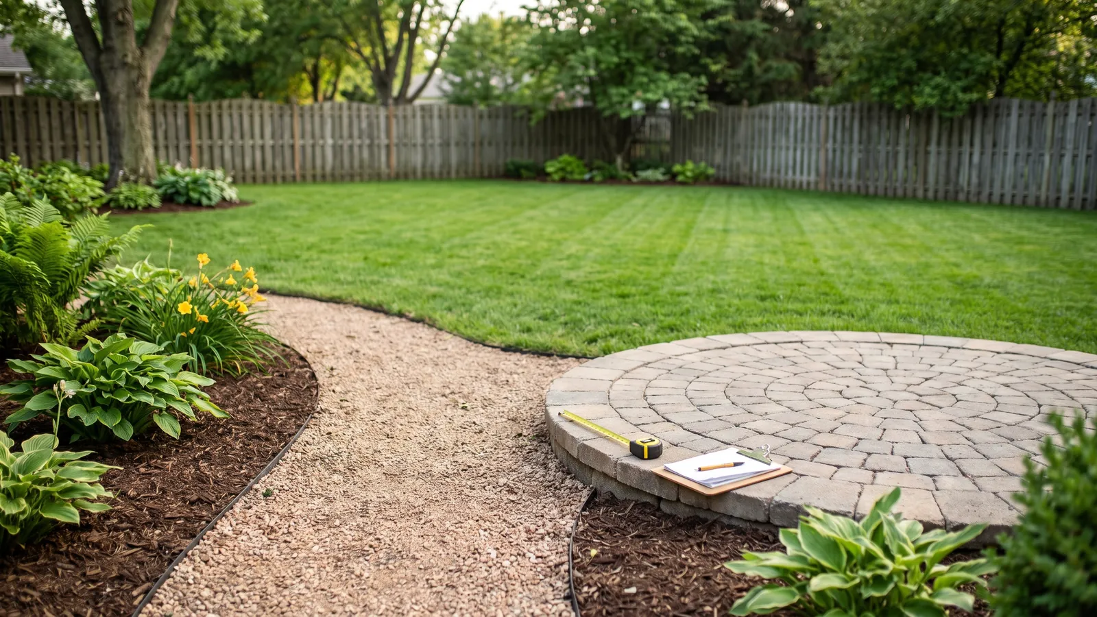 Free calculators for land, yard, patio and pool projects: backyard with lawn, gravel path, mulch beds and paver patio