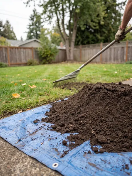 Topsoil for leveling Topsoil calculator: pile of screened topsoil next to a lawn being leveled