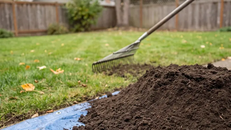 Topsoil calculator: pile of screened topsoil next to a lawn being leveled